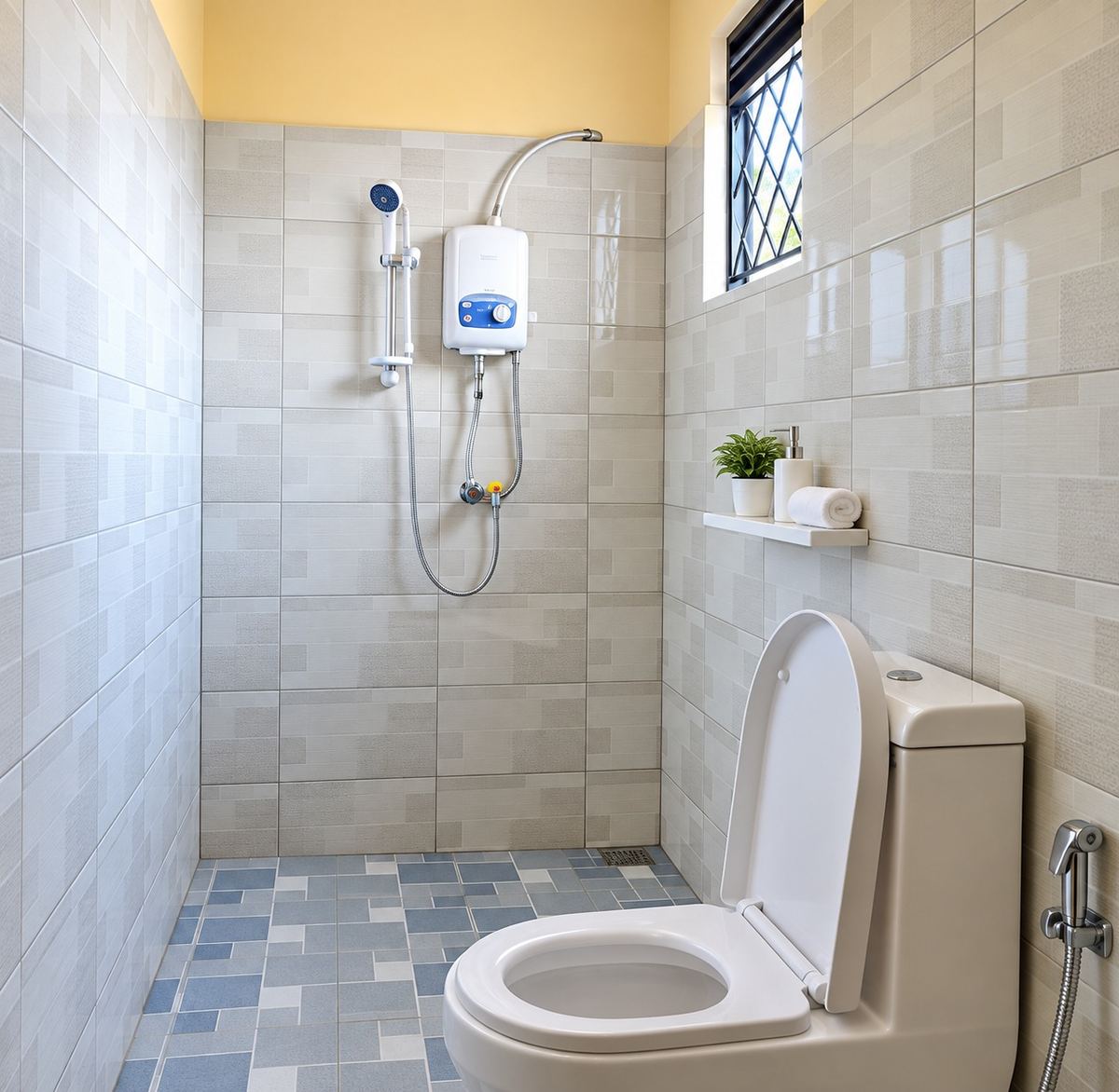 Tiled private bathroom with instant hot water shower