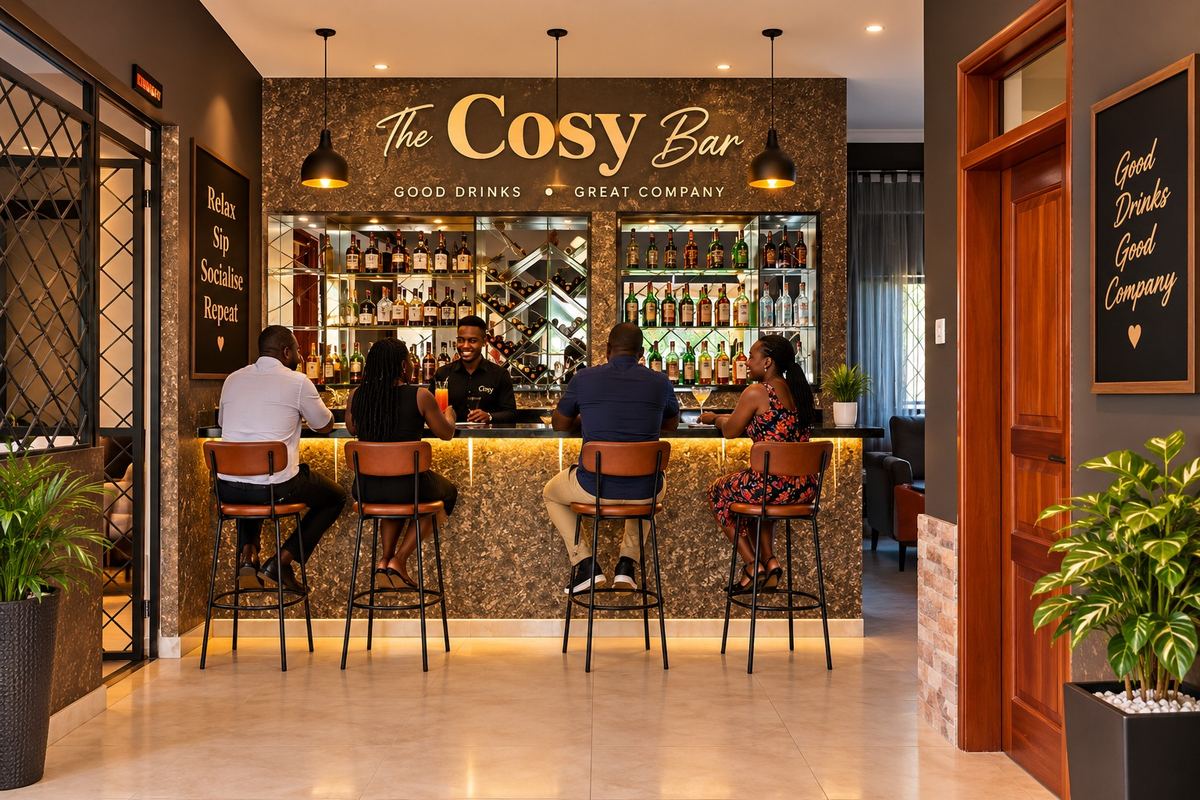 Guests at the counter of The Cosy Bar with the bartender serving drinks