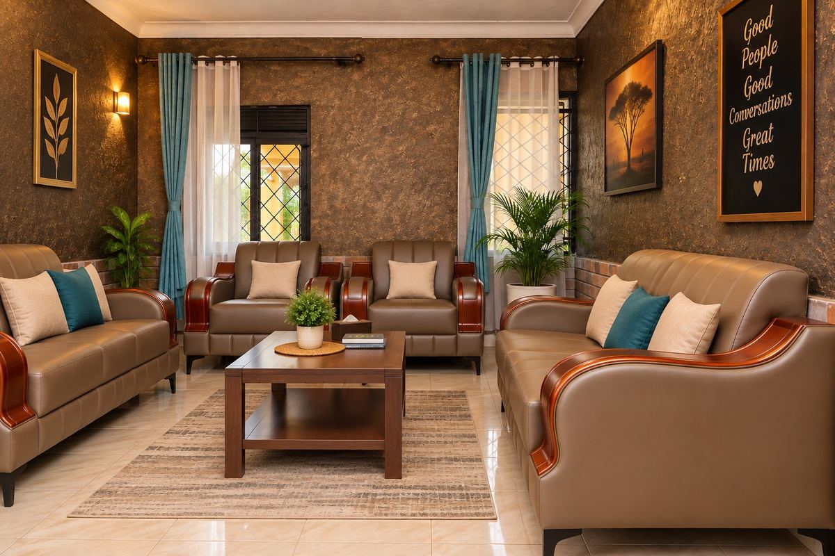 Lounge with leather sofas beside the restaurant