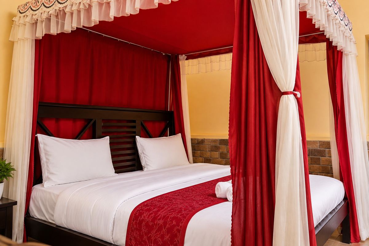 Deluxe room at The Cosy Inn Kiwenda with a draped four-poster bed and brick feature wall
