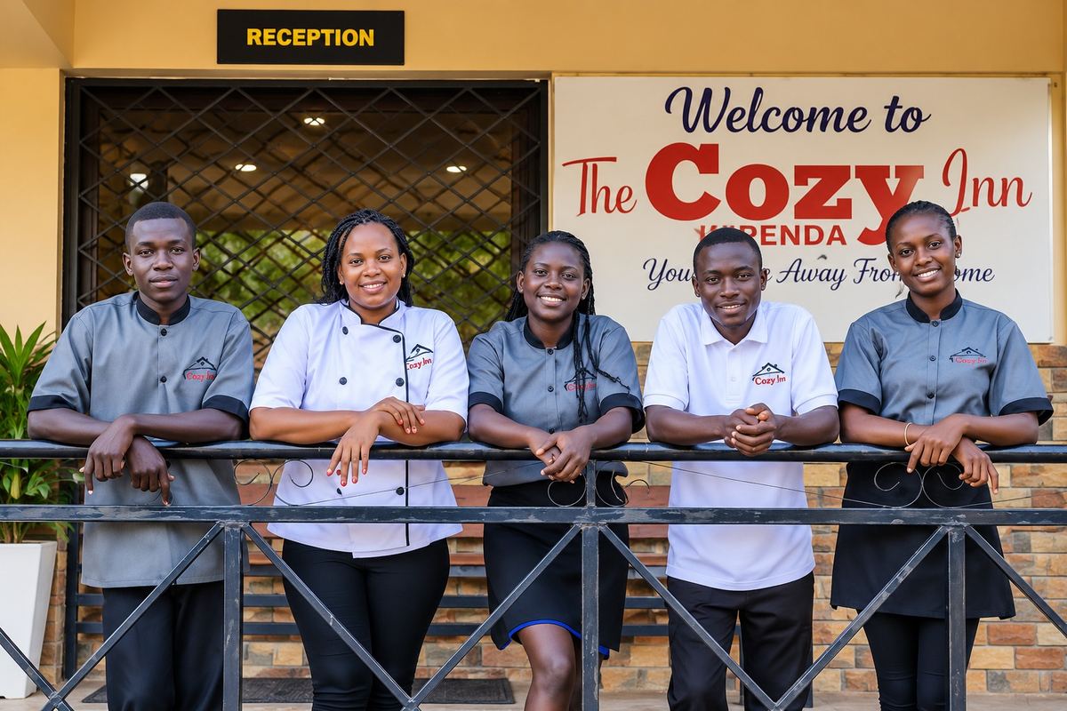 The Cosy Inn Kiwenda team in branded uniforms at reception